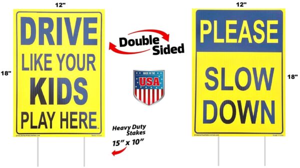 The product details of a traffic safety sign manufactured by Drive Like Your Kids Live Here