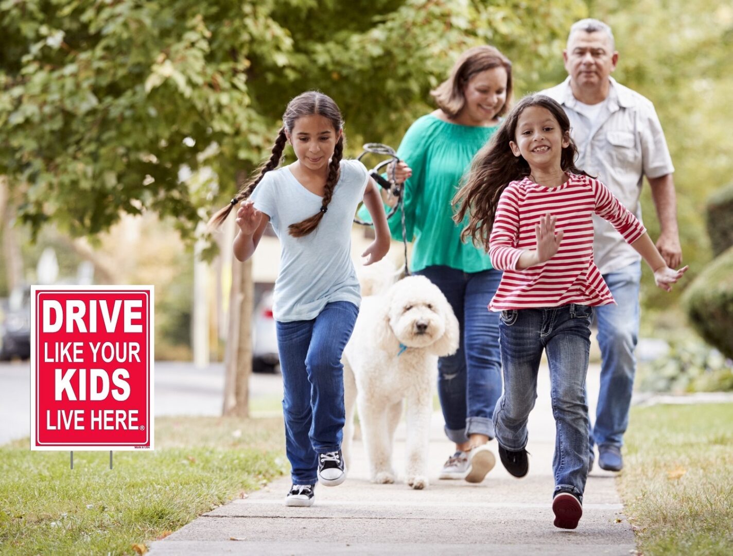 Grandparents And Granddaughters Walking Dog Along Street